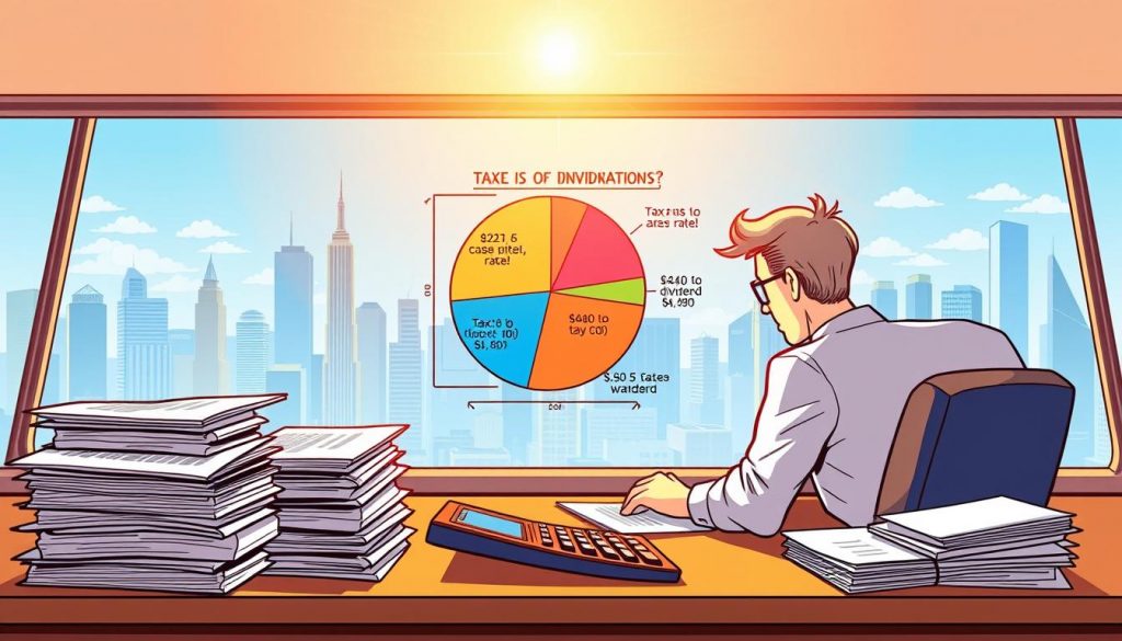 A bright and dynamic illustration of tax implications of dividend distributions, featuring Brian Cobb's signature comic style. In the foreground, a figure sits at a desk, surrounded by stacks of financial documents and a calculator. The middle ground showcases a pie chart visualizing different tax rates for various types of dividends. In the background, a cityscape with skyscrapers and a clear blue sky creates a sense of financial prosperity. Warm lighting, a lens flare, and a lively color palette convey an upbeat, informative mood. The overall composition highlights the key concepts of dividend taxation in an engaging, visually compelling manner.