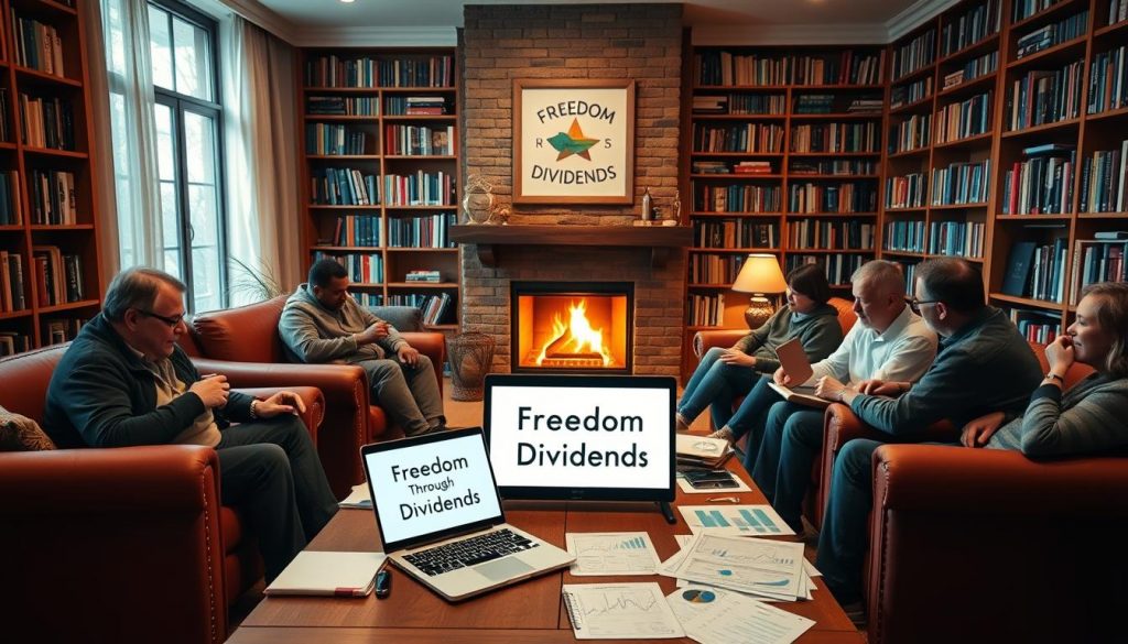 A cozy and inviting community of dividend investors gather around a warm fireplace, discussing their investment strategies and sharing stories of their financial freedom. In the foreground, a group of friends sit in comfortable armchairs, sipping hot beverages and poring over financial reports. The middle ground showcases a large, wooden table with a laptop displaying the "Freedom Through Dividends" logo, surrounded by charts, graphs, and reference materials. In the background, floor-to-ceiling bookshelves line the walls, filled with investment guides and financial literature. The lighting is soft and inviting, creating a sense of camaraderie and intellectual exchange. The overall atmosphere conveys a feeling of community, knowledge, and the pursuit of financial independence through dividend investing. A cozy and inviting community of dividend investors gather around a warm fireplace, discussing their investment strategies and sharing stories of their financial freedom. In the foreground, a group of friends sit in comfortable armchairs, sipping hot beverages and poring over financial reports. The middle ground showcases a large, wooden table with a laptop displaying the "Freedom Through Dividends" logo, surrounded by charts, graphs, and reference materials. In the background, floor-to-ceiling bookshelves line the walls, filled with investment guides and financial literature. The lighting is soft and inviting, creating a sense of camaraderie and intellectual exchange. The overall atmosphere conveys a feeling of community, knowledge, and the pursuit of financial independence through dividend investing.