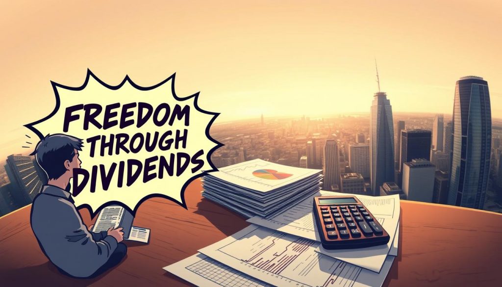 A detailed, realistic illustration of dividend investing strategies. In the foreground, a stylized comic book-style panel depicting a person studying financial charts and graphs, with the text "Freedom Through Dividends" prominently displayed. In the middle ground, a stack of investment documents and a calculator, conveying the analytical aspects of dividend investing. The background features a panoramic cityscape with skyscrapers, suggesting the broader financial landscape. The lighting is warm and slightly muted, creating a contemplative mood. The composition uses a wide-angle lens to capture the full scene, with a slight fisheye distortion for a dynamic, immersive feel. A detailed, realistic illustration of dividend investing strategies. In the foreground, a stylized comic book-style panel depicting a person studying financial charts and graphs, with the text "Freedom Through Dividends" prominently displayed. In the middle ground, a stack of investment documents and a calculator, conveying the analytical aspects of dividend investing. The background features a panoramic cityscape with skyscrapers, suggesting the broader financial landscape. The lighting is warm and slightly muted, creating a contemplative mood. The composition uses a wide-angle lens to capture the full scene, with a slight fisheye distortion for a dynamic, immersive feel.