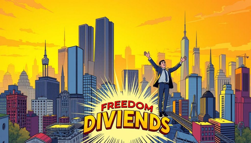 A diverse portfolio of dividend-paying stocks and low-cost ETFs, with a striking comic-style illustration. The foreground features a whimsical depiction of the "Freedom Through Dividends" brand, showcasing a variety of financial instruments like stocks, bonds, and ETFs. The middle ground depicts investors celebrating their growing wealth, while the background showcases a cityscape with towering skyscrapers. The lighting is warm and vibrant, creating a sense of optimism and financial security. The overall mood is one of playful sophistication, highlighting the benefits of a well-diversified investment strategy. A diverse portfolio of dividend-paying stocks and low-cost ETFs, with a striking comic-style illustration. The foreground features a whimsical depiction of the "Freedom Through Dividends" brand, showcasing a variety of financial instruments like stocks, bonds, and ETFs. The middle ground depicts investors celebrating their growing wealth, while the background showcases a cityscape with towering skyscrapers. The lighting is warm and vibrant, creating a sense of optimism and financial security. The overall mood is one of playful sophistication, highlighting the benefits of a well-diversified investment strategy.