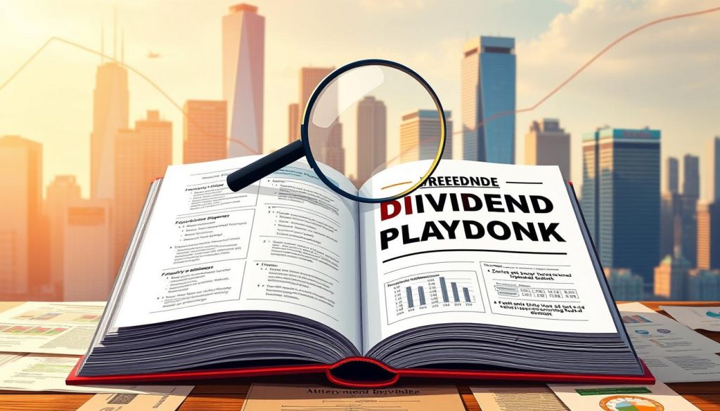 A high-resolution, detailed illustration of a "dividend playbook" set against a backdrop of financial charts and graphs. In the foreground, an open book with pages detailing investment strategies, calculations, and charts. The book's cover displays the bold title "Freedom Through Dividends". In the middle ground, a magnifying glass hovers over the book, emphasizing the careful analysis required. The background features a cityscape with skyscrapers, highlighting the urban financial world. The lighting is warm and inviting, conveying a sense of opportunity and growth. The overall mood is one of thoughtful, methodical wealth-building. A high-resolution, detailed illustration of a "dividend playbook" set against a backdrop of financial charts and graphs. In the foreground, an open book with pages detailing investment strategies, calculations, and charts. The book's cover displays the bold title "Freedom Through Dividends". In the middle ground, a magnifying glass hovers over the book, emphasizing the careful analysis required. The background features a cityscape with skyscrapers, highlighting the urban financial world. The lighting is warm and inviting, conveying a sense of opportunity and growth. The overall mood is one of thoughtful, methodical wealth-building.