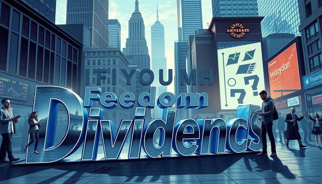 A highly detailed, hyper-realistic illustration of "dividend investing strategies" in the style of a comic book or graphic novel. The central focus is on a large, metallic "Freedom Through Dividends" logo prominently displayed in the foreground, casting dramatic shadows and reflecting the lighting. In the middle ground, several investors are engaged in various investing activities - studying charts, analyzing financial data, and celebrating investment gains. The background depicts a bustling financial district with skyscrapers, stock tickers, and other iconography associated with the world of investing. The overall mood is one of confidence, momentum, and the potential for financial freedom through a well-executed dividend investing strategy. A highly detailed, hyper-realistic illustration of "dividend investing strategies" in the style of a comic book or graphic novel. The central focus is on a large, metallic "Freedom Through Dividends" logo prominently displayed in the foreground, casting dramatic shadows and reflecting the lighting. In the middle ground, several investors are engaged in various investing activities - studying charts, analyzing financial data, and celebrating investment gains. The background depicts a bustling financial district with skyscrapers, stock tickers, and other iconography associated with the world of investing. The overall mood is one of confidence, momentum, and the potential for financial freedom through a well-executed dividend investing strategy.