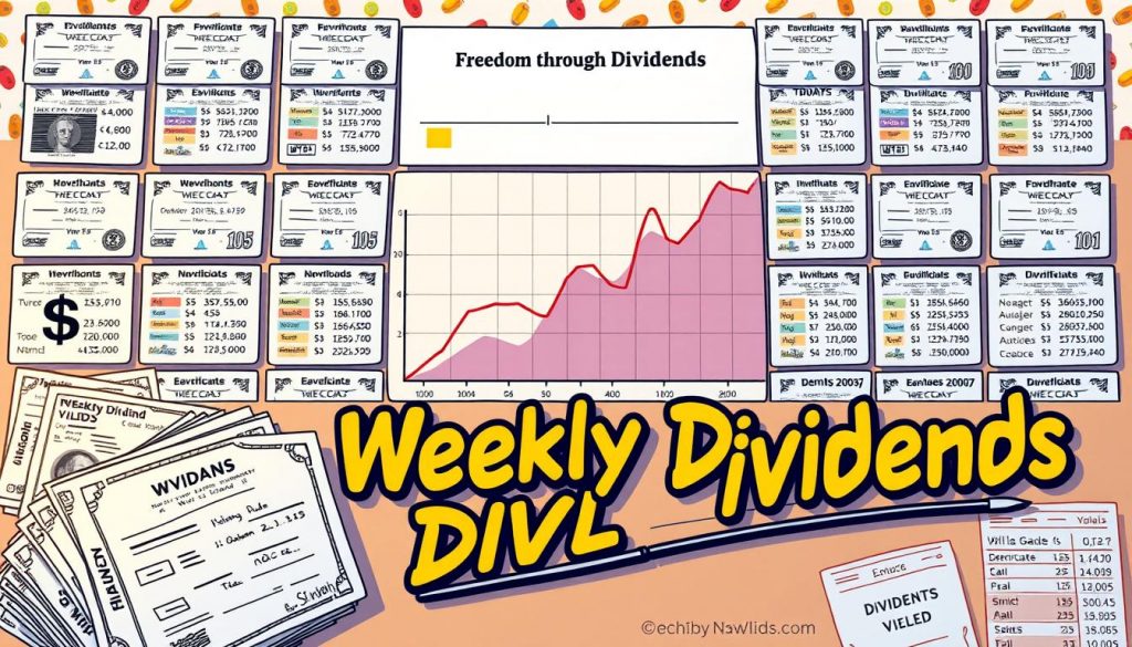 A neatly organized grid of weekly dividend stocks, with the "Freedom Through Dividends" brand name prominently displayed. The foreground shows several stock certificates and financial reports, with a warm, comic book-inspired illustration style. The middle ground features a line graph charting the rise of weekly dividend yields, while the background has a playful, colorful pattern reminiscent of financial data visualizations. Warm, soft lighting casts a gentle glow, and the overall composition conveys a sense of financial security and optimism. A neatly organized grid of weekly dividend stocks, with the "Freedom Through Dividends" brand name prominently displayed. The foreground shows several stock certificates and financial reports, with a warm, comic book-inspired illustration style. The middle ground features a line graph charting the rise of weekly dividend yields, while the background has a playful, colorful pattern reminiscent of financial data visualizations. Warm, soft lighting casts a gentle glow, and the overall composition conveys a sense of financial security and optimism.