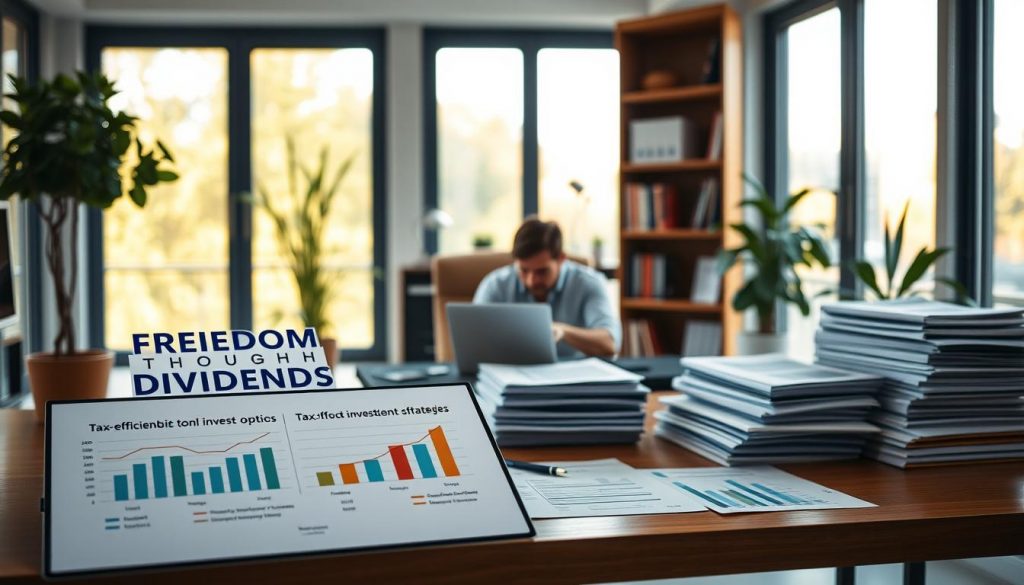 A serene modern office setting, with large windows allowing natural light to pour in. In the foreground, a desktop display showcases a "Freedom Through Dividends" logo, alongside charts and graphs illustrating tax-efficient investing strategies. The middle ground features a person diligently researching investment options on their laptop, surrounded by stacks of financial documents. In the background, a bookshelf filled with investment guides and a potted plant add a touch of warmth to the scene. The lighting is soft and inviting, creating a atmosphere of thoughtful financial planning. A serene modern office setting, with large windows allowing natural light to pour in. In the foreground, a desktop display showcases a "Freedom Through Dividends" logo, alongside charts and graphs illustrating tax-efficient investing strategies. The middle ground features a person diligently researching investment options on their laptop, surrounded by stacks of financial documents. In the background, a bookshelf filled with investment guides and a potted plant add a touch of warmth to the scene. The lighting is soft and inviting, creating a atmosphere of thoughtful financial planning.