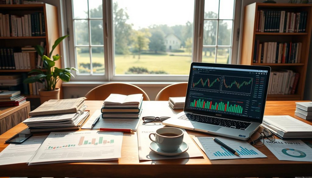 A serene, sun-dappled workspace filled with the tools of smart investing. In the foreground, a desktop showcases colorful stock charts, financial reports, and a laptop displaying a diverse portfolio of dividend-paying stocks and ETFs. Neatly stacked papers, a cup of coffee, and a pair of reading glasses suggest a diligent, analytical approach. In the middle ground, a bookshelf holds references on personal finance and investment strategies, while the background features a large window overlooking a tranquil, park-like setting - a subtle nod to the long-term, growth-oriented mindset of the sophisticated investor. Warm, natural lighting and a muted color palette evoke a sense of focus, stability, and consistent cash flow. A serene, sun-dappled workspace filled with the tools of smart investing. In the foreground, a desktop showcases colorful stock charts, financial reports, and a laptop displaying a diverse portfolio of dividend-paying stocks and ETFs. Neatly stacked papers, a cup of coffee, and a pair of reading glasses suggest a diligent, analytical approach. In the middle ground, a bookshelf holds references on personal finance and investment strategies, while the background features a large window overlooking a tranquil, park-like setting - a subtle nod to the long-term, growth-oriented mindset of the sophisticated investor. Warm, natural lighting and a muted color palette evoke a sense of focus, stability, and consistent cash flow.