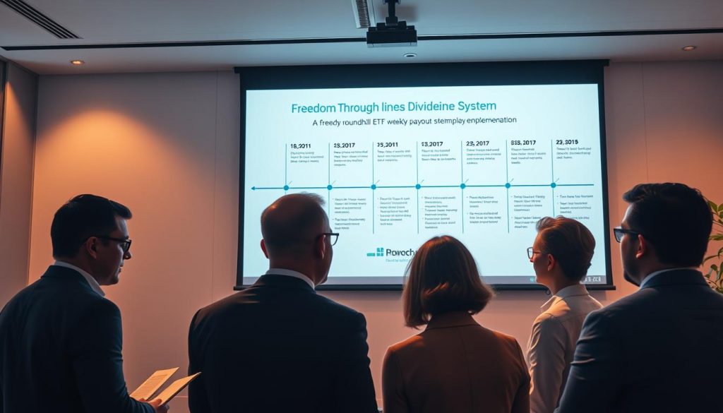 A sleek, modern office interior with a large projection screen displaying a timeline of the "Freedom Through Dividends" Roundhill ETF weekly payout system implementation. In the foreground, a group of business professionals studying the timeline, their expressions serious yet hopeful. Warm, directional lighting illuminates the scene, casting dramatic shadows. The timeline is presented in a clean, infographic style, highlighting key milestones and deadlines. The overall atmosphere conveys a sense of careful planning, strategic thinking, and the excitement of a new financial opportunity. A sleek, modern office interior with a large projection screen displaying a timeline of the "Freedom Through Dividends" Roundhill ETF weekly payout system implementation. In the foreground, a group of business professionals studying the timeline, their expressions serious yet hopeful. Warm, directional lighting illuminates the scene, casting dramatic shadows. The timeline is presented in a clean, infographic style, highlighting key milestones and deadlines. The overall atmosphere conveys a sense of careful planning, strategic thinking, and the excitement of a new financial opportunity.