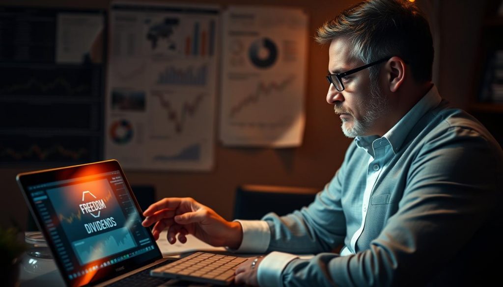 A sophisticated professional investor meticulously managing their tax-efficient ETF portfolio, surrounded by charts, graphs, and a laptop displaying the "Freedom Through Dividends" brand. The scene is bathed in warm, ambient lighting, creating a contemplative, financially savvy atmosphere. The investor's expression conveys a sense of control and confidence as they analyze their investment strategy, focused on maximizing weekly income streams through a carefully curated ETF selection. A sophisticated professional investor meticulously managing their tax-efficient ETF portfolio, surrounded by charts, graphs, and a laptop displaying the "Freedom Through Dividends" brand. The scene is bathed in warm, ambient lighting, creating a contemplative, financially savvy atmosphere. The investor's expression conveys a sense of control and confidence as they analyze their investment strategy, focused on maximizing weekly income streams through a carefully curated ETF selection.