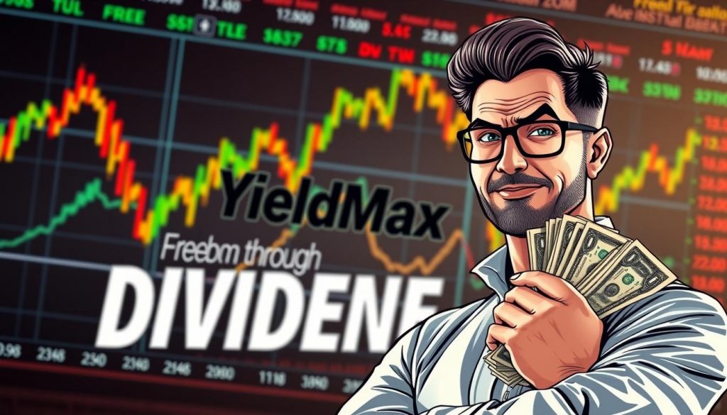 A stunning comic-style photo showcasing the "YieldMax ETF Dividend Investing Strategy". In the foreground, a confident investor with a determined expression holds a stack of dollar bills, symbolizing the potential for financial freedom through dividends. The middle ground features the "Freedom Through Dividends" brand prominently displayed, underscoring the strategy's focus. In the background, a vibrant stock market backdrop with rising charts and fluctuating prices sets the scene, highlighting the dynamic nature of dividend investing. Warm lighting and a crisp, photographic style create an inviting and empowering atmosphere, inviting the viewer to explore the core strategies of the YieldMax ETF Dividend Investing Playbook. A stunning comic-style photo showcasing the "YieldMax ETF Dividend Investing Strategy". In the foreground, a confident investor with a determined expression holds a stack of dollar bills, symbolizing the potential for financial freedom through dividends. The middle ground features the "Freedom Through Dividends" brand prominently displayed, underscoring the strategy's focus. In the background, a vibrant stock market backdrop with rising charts and fluctuating prices sets the scene, highlighting the dynamic nature of dividend investing. Warm lighting and a crisp, photographic style create an inviting and empowering atmosphere, inviting the viewer to explore the core strategies of the YieldMax ETF Dividend Investing Playbook.