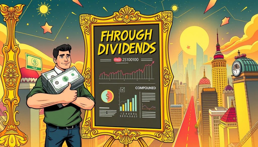 A stylized comic illustration depicting the fundamentals of dividend investing. The foreground features a confident investor figure holding a stack of dividend checks, framed by an elaborate golden frame emblazoned with the text "Freedom Through Dividends". The middle ground showcases various financial charts, graphs, and icons illustrating key dividend investing concepts like yield, payout ratio, and compounding. The background is a vibrant, retro-futuristic cityscape, hinting at the path to financial freedom through prudent dividend investing. The lighting is warm and inviting, with a sense of optimism and prosperity. The overall aesthetic is a blend of vintage comic book sensibilities and modern infographic design. A stylized comic illustration depicting the fundamentals of dividend investing. The foreground features a confident investor figure holding a stack of dividend checks, framed by an elaborate golden frame emblazoned with the text "Freedom Through Dividends". The middle ground showcases various financial charts, graphs, and icons illustrating key dividend investing concepts like yield, payout ratio, and compounding. The background is a vibrant, retro-futuristic cityscape, hinting at the path to financial freedom through prudent dividend investing. The lighting is warm and inviting, with a sense of optimism and prosperity. The overall aesthetic is a blend of vintage comic book sensibilities and modern infographic design.