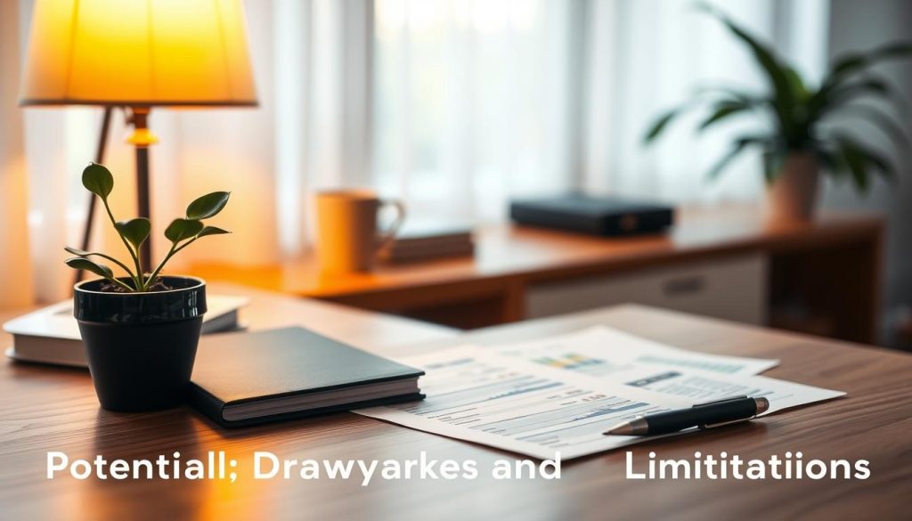 A tranquil office setting with a wooden desk, a potted plant, and a warm lamp casting a soft glow. On the desk, a notebook, a pen, and financial documents representing dividend investing tips. The background is blurred, emphasizing the key elements on the desk. The lighting is natural and diffused, creating a serene and contemplative atmosphere, suitable for the "Potential Drawbacks and Limitations" section of the article. A tranquil office setting with a wooden desk, a potted plant, and a warm lamp casting a soft glow. On the desk, a notebook, a pen, and financial documents representing dividend investing tips. The background is blurred, emphasizing the key elements on the desk. The lighting is natural and diffused, creating a serene and contemplative atmosphere, suitable for the "Potential Drawbacks and Limitations" section of the article.