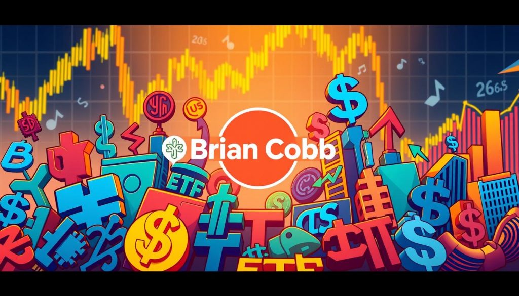 A vibrant digital illustration of sector-specific dividend-paying exchange-traded funds (ETFs), showcased against a backdrop of financial charts and graphs. In the foreground, a diverse selection of ETF symbols representing different industries like healthcare, technology, and real estate, all orchestrated in a dynamic, visually engaging composition. The middle ground features a stylized Brian Cobb logo, subtly incorporated to establish the brand's presence. The background is illuminated by a warm, golden lighting, evoking a sense of profitability and growth, complemented by a subtle comic book-inspired aesthetic to convey the playful and accessible nature of the investment strategy.