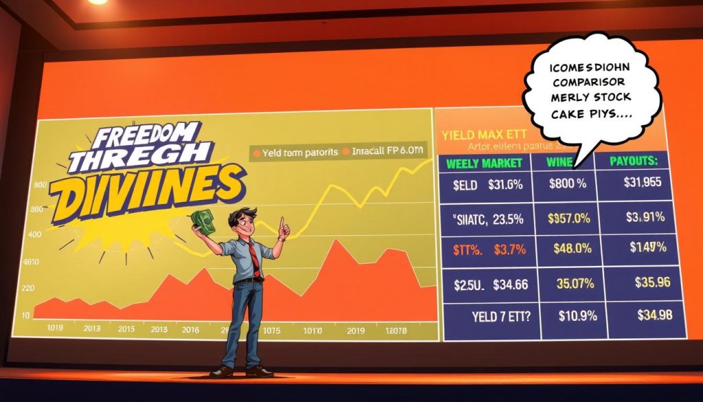 A vivid comparison of income strategies, showcasing "Freedom Through Dividends" and other stock market investment options. In the foreground, a comic-style illustration depicts a person confidently collecting a weekly payout from the Yield Max ETF. The middle ground features a dynamic data visualization, highlighting the performance and payouts of various investment options. The background sets a vibrant, optimistic tone with bold colors and a sense of financial freedom. Soft, warm lighting illuminates the scene, accentuating the positive mood. Captured with a wide-angle lens to provide a comprehensive view of the investment landscape. A vivid comparison of income strategies, showcasing "Freedom Through Dividends" and other stock market investment options. In the foreground, a comic-style illustration depicts a person confidently collecting a weekly payout from the Yield Max ETF. The middle ground features a dynamic data visualization, highlighting the performance and payouts of various investment options. The background sets a vibrant, optimistic tone with bold colors and a sense of financial freedom. Soft, warm lighting illuminates the scene, accentuating the positive mood. Captured with a wide-angle lens to provide a comprehensive view of the investment landscape.