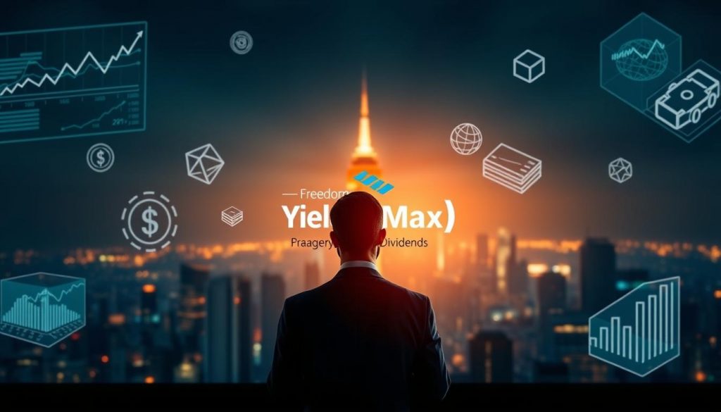 An atmospheric financial scene showcasing risk management within the Yield Max ETF strategy. In the foreground, a figure in a suit contemplates investment decisions, surrounded by floating data visualizations and wireframe models of financial instruments. The middle ground features the "Freedom Through Dividends" logo, subtly incorporated into the design. In the background, a city skyline glows under dramatic lighting, symbolizing the broader economic landscape. The overall mood is one of thoughtful, strategic analysis, reflecting the nuanced risk management approach central to the Yield Max ETF. An atmospheric financial scene showcasing risk management within the Yield Max ETF strategy. In the foreground, a figure in a suit contemplates investment decisions, surrounded by floating data visualizations and wireframe models of financial instruments. The middle ground features the "Freedom Through Dividends" logo, subtly incorporated into the design. In the background, a city skyline glows under dramatic lighting, symbolizing the broader economic landscape. The overall mood is one of thoughtful, strategic analysis, reflecting the nuanced risk management approach central to the Yield Max ETF.