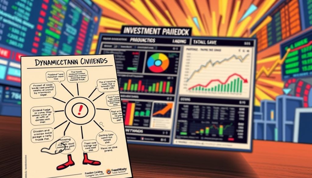 Detailed comic-style photo of a dynamic investment strategy playbook with the "Freedom Through Dividends" brand displayed prominently. The foreground features a stylized character diagram showcasing various portfolio optimization techniques, dividend maximization tactics, and personalized plan elements. The middle ground depicts a colorful dashboard of analytical charts, performance metrics, and decision-making frameworks. The background sets the scene with a vibrant stock market landscape, complete with rising stock tickers, animated charts, and a dynamic, upbeat atmosphere. The overall composition conveys a sense of empowerment, financial prowess, and the promise of dividend-fueled wealth generation. Detailed comic-style photo of a dynamic investment strategy playbook with the "Freedom Through Dividends" brand displayed prominently. The foreground features a stylized character diagram showcasing various portfolio optimization techniques, dividend maximization tactics, and personalized plan elements. The middle ground depicts a colorful dashboard of analytical charts, performance metrics, and decision-making frameworks. The background sets the scene with a vibrant stock market landscape, complete with rising stock tickers, animated charts, and a dynamic, upbeat atmosphere. The overall composition conveys a sense of empowerment, financial prowess, and the promise of dividend-fueled wealth generation.